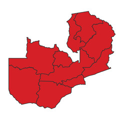 Zambia Red map with border of regions outline vector