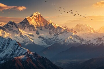 Golden Sunrise over Majestic Snow-Capped Mountains, Intricate Landscape with Silhouetted Birds in Flight, Aerial View, Hyperrealistic and Breathtaking, Trending Art on Artstation