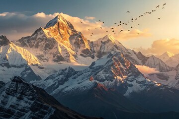 Sunrise Over Majestic Snow-Capped Mountains: A Spectacular Aerial View with Golden Light and Flock of Birds Silhouetted Against the Sky, Trending Hyperrealism