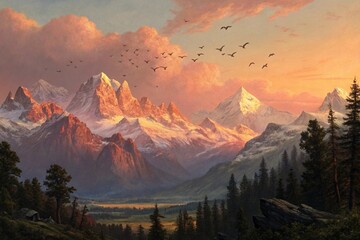 Dramatic Sunrise Illuminating Snow-Capped Peaks and Soaring Birds: A Painterly Adventure in Serenity