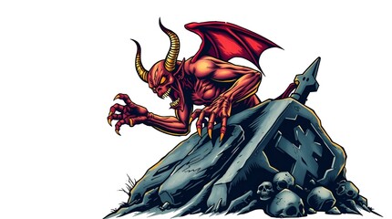 evil demon tattoo sketch, poster on white background