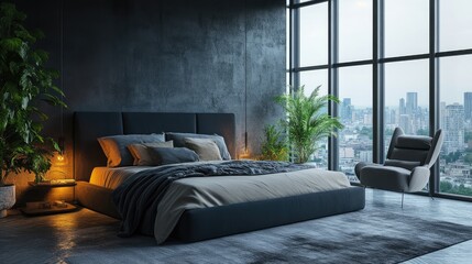 Ultra-modern bedroom with plush furnishings and a sweeping city view, showcasing a lavish, luxurious apartment.