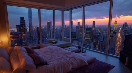 Fototapeta premium Ultra-modern bedroom with plush furnishings and a sweeping city view, showcasing a lavish, luxurious apartment.