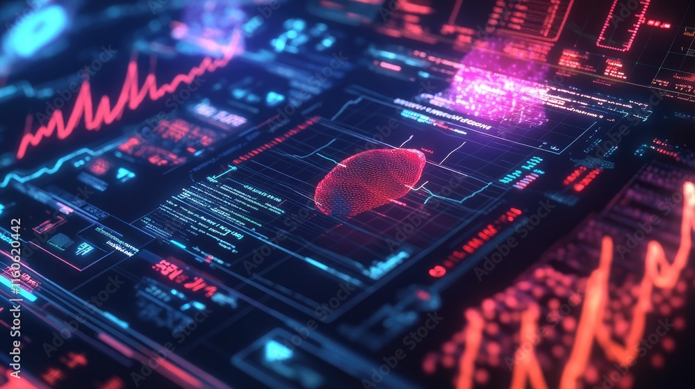 Poster virtual medical hud elements including dna formulas, electrocardiogram monitors, and body scans, sho