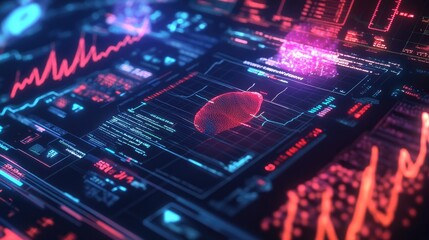 Obraz premium Virtual medical HUD elements including DNA formulas, electrocardiogram monitors, and body scans, showing cutting-edge health diagnostics and data analysis.