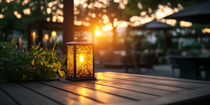 Rustic lantern with soft warm light glowing inside, placed on a wooden table