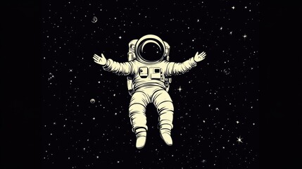 White cartoon astronaut floating effortlessly in space with a cheerful expression, stars, and cosmic scenery around them.