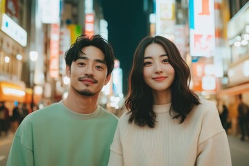 Young asian couple enjoys vibrant night life in busy city with colorful lights and lively atmosphere