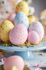 Obraz premium A blue cake plate filled with pink and yellow decorated eggs, perfect for Easter celebrations or spring-themed events