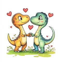 Fototapeta premium Cute cartoon dinosaurs in love, holding hands surrounded by hearts and greenery.