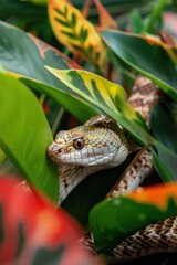 Hognose Snake Camouflaged Among Tropical Leaves in Vibrant Habitat