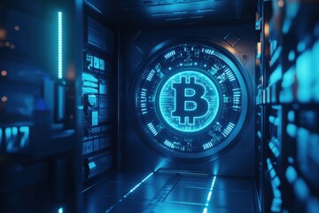 Inside a modern bitcoin mining facility, glowing blue lights illuminate a large bitcoin symbol embedded in a high-tech backdrop, highlighting advanced cryptocurrency operations.