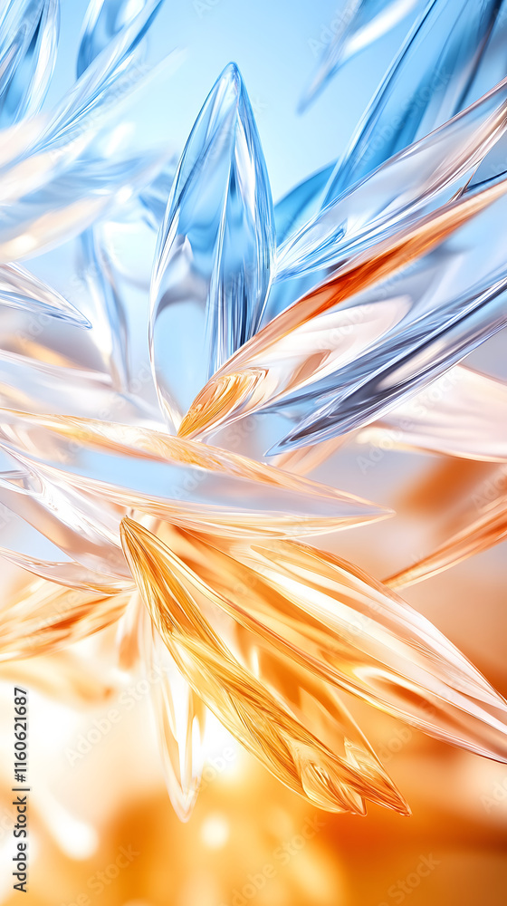 Poster abstract ice crystal formations in blue and orange hues, creating a dynamic visual effect