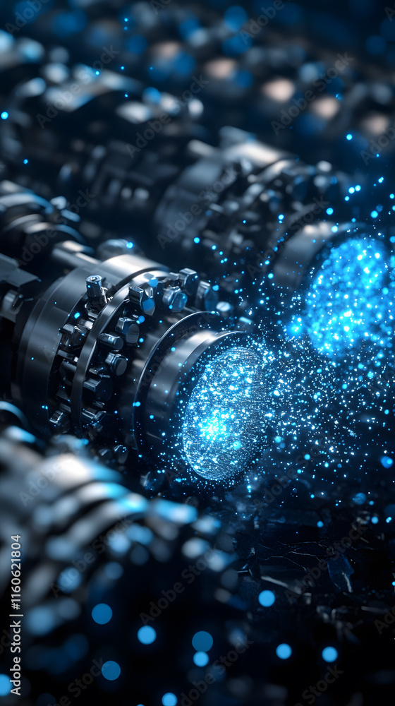 Poster abstract close-up of mechanical components emitting blue particles and light
