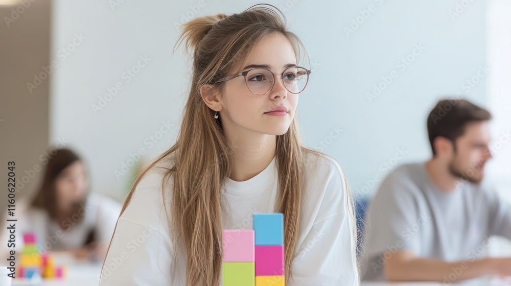 Poster a thoughtful student engages with colorful blocks in a classroom.