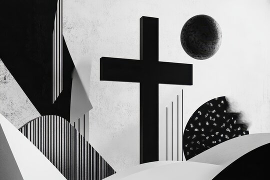 A black cross stands prominently on an abstract white and black backdrop, featuring geometric shapes, lines, and a celestial sphere.