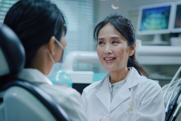 Fototapeta premium Compassionate Asian dentist discusses oral health with elderly patient.