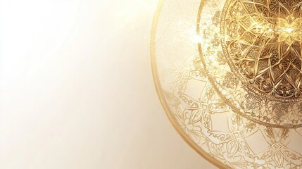 Elegant golden ornate plate on beige background.