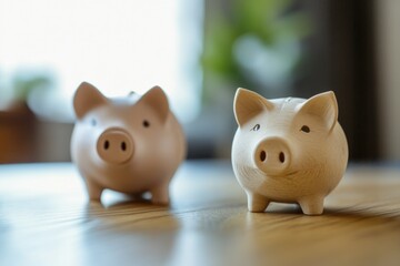 Obraz premium Two piggy banks sitting on a wooden table, ready for savings