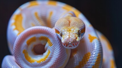 Fototapeta premium Golden Ball Python Coiled in Perfect Spiral Displaying Unique Pattern