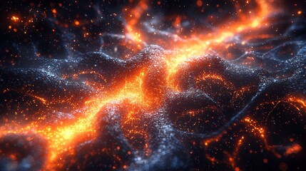 Abstract glowing orange and blue waves creating an energetic cosmic atmosphere.