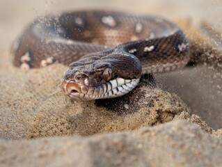 Fototapeta premium Detailed View of a Boa Snake Emerging from Sand Dunes