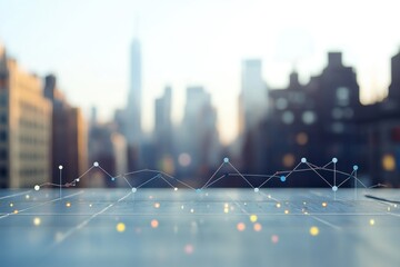 A blend of urban landscape and analytical data visualization showcases graphs with a city skyline in the background, representing business insights and trends.