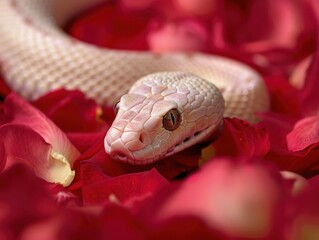 Fototapeta premium Elegant Snake Gliding Over Soft Rose Petals in Gentle Light