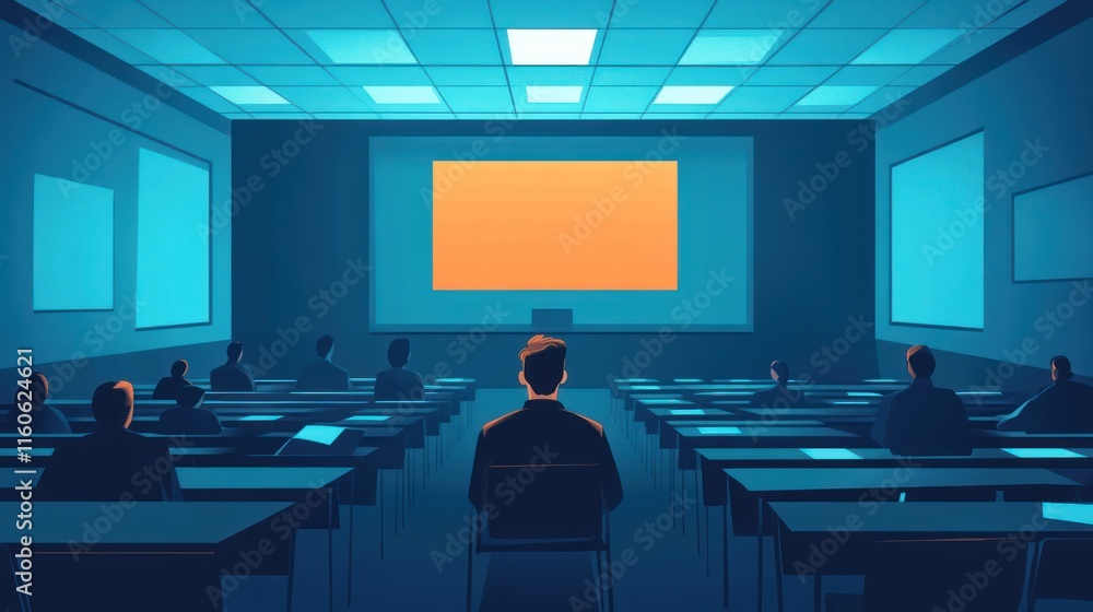 Poster audience in a lecture hall watching a presentation on a large screen.