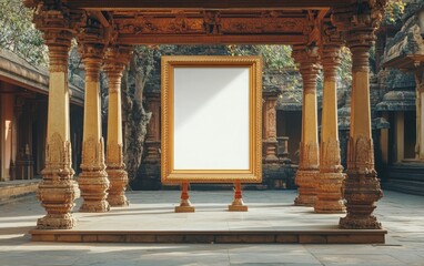 Blank white poster framed in polished brass, set against a tranquil setting of a quiet temple courtyard with bells ringing softly, symbolizing the sacredness of prayer and rituals in the Hindu faith