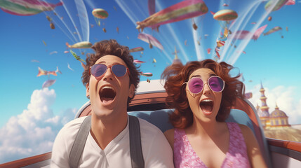 Animated Couple Flying High with Big Smiles and Stunning Views