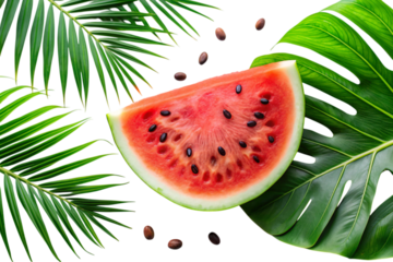Vibrant slice of fresh watermelon with black seeds surrounded by tropical green palm leaves on a white background