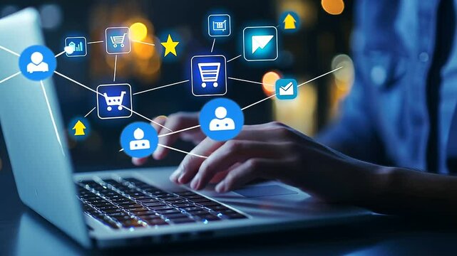 Marketing Expert Engaging with E Commerce Strategies and Icons