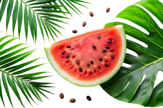 Vibrant slice of fresh watermelon with black seeds surrounded by tropical green palm leaves on a white background