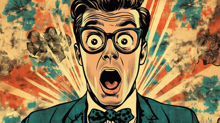 Retro Comic-Style Portrait of a Shocked Man with Vintage Patterns