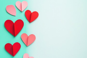 A collection of colorful paper hearts arranged on a green surface, ideal for Valentine's Day or romantic-themed projects