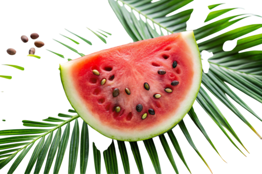 Juicy red watermelon wedge paired with lush tropical leaves, evoking a refreshing and summery vibe