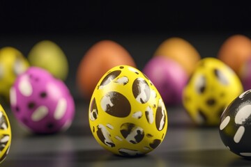 A group of chocolate eggs on a table, ideal for Easter or spring-themed designs