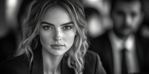 Fototapeta premium A woman looks directly at the camera in a black and white photo