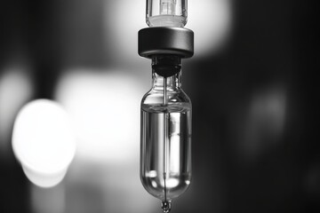 A glass vial filled with a clear liquid is connected to a modern medical infusion system in a healthcare facility. The setting conveys a sense of care and precision.