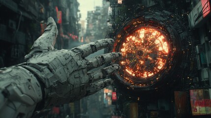 Robotic hand reaching futuristic fiery portal in cyberpunk city.