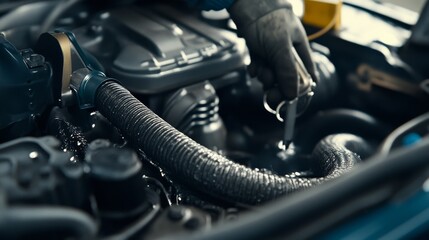 Close-up of a leaking radiator hose in an engine compartment. Featuring a mechanic inspecting the damage
