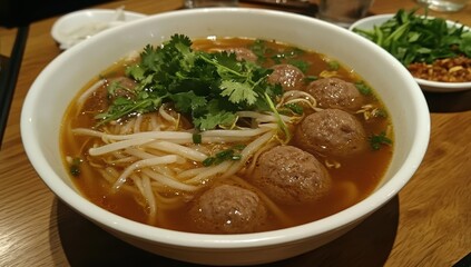 Delicious noodle with meatball served in a bowl