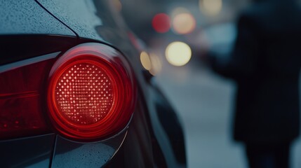 Close-up of a malfunctioning brake light on a parked car. Featuring a passerby noticing the issue