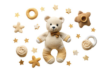 Charming knitted teddy bear paired with cozy baby items and decorative stars in a warm and soothing design