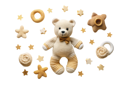 Charming knitted teddy bear paired with cozy baby items and decorative stars in a warm and soothing design