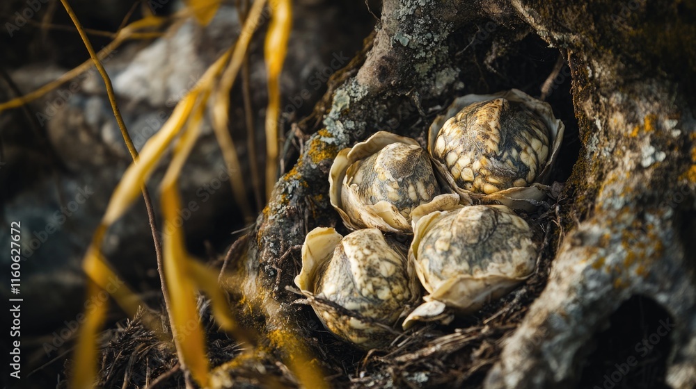 Poster a unique scene with oysters gathered on the branches of a tree