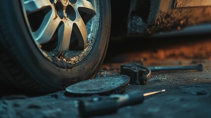 Close-up of worn-out brake pads beside a car tire. Featuring a mechanic inspecting them closely