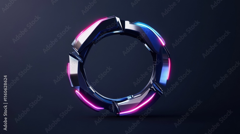 Poster a futuristic circular object with neon lights and a sleek design.
