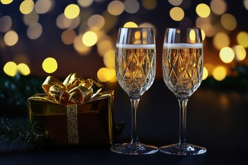 A pair of champagne flutes next to a wrapped gift box, perfect for celebrations or special occasions